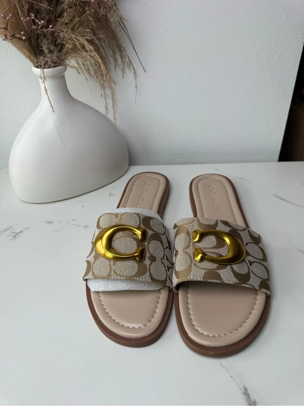 Coach Beige Signature Canvas Slide Sandals with Gold 'C' Accent